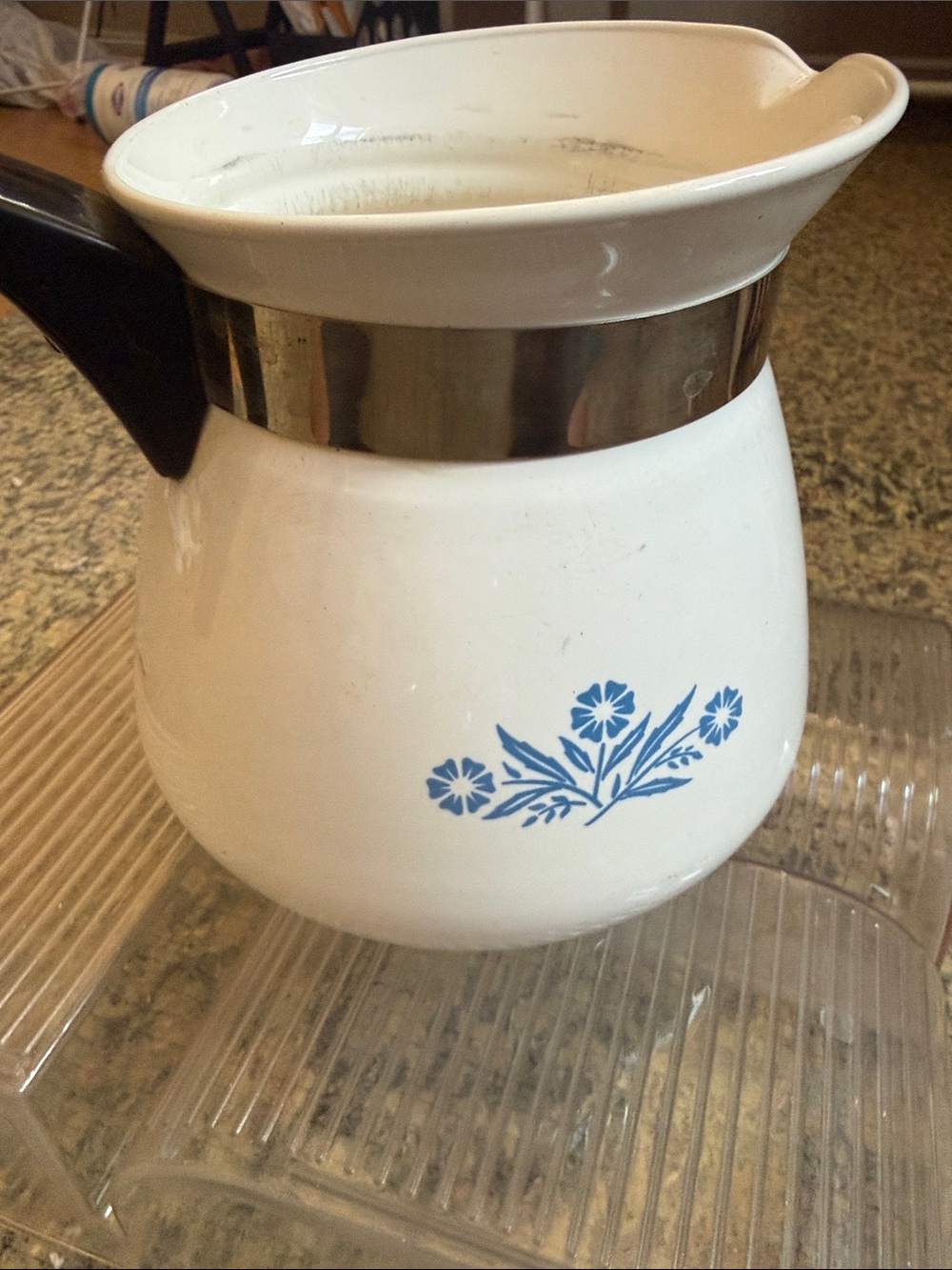 Corningware White Pitcher with Blue Floral Design and Silver Band